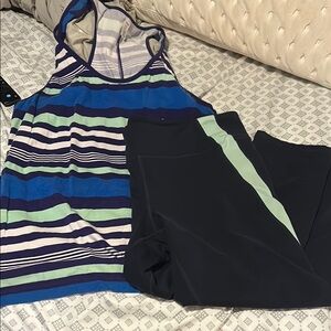 GAP Blue and White Striped Tank & Leggings Activewear Set - XL
